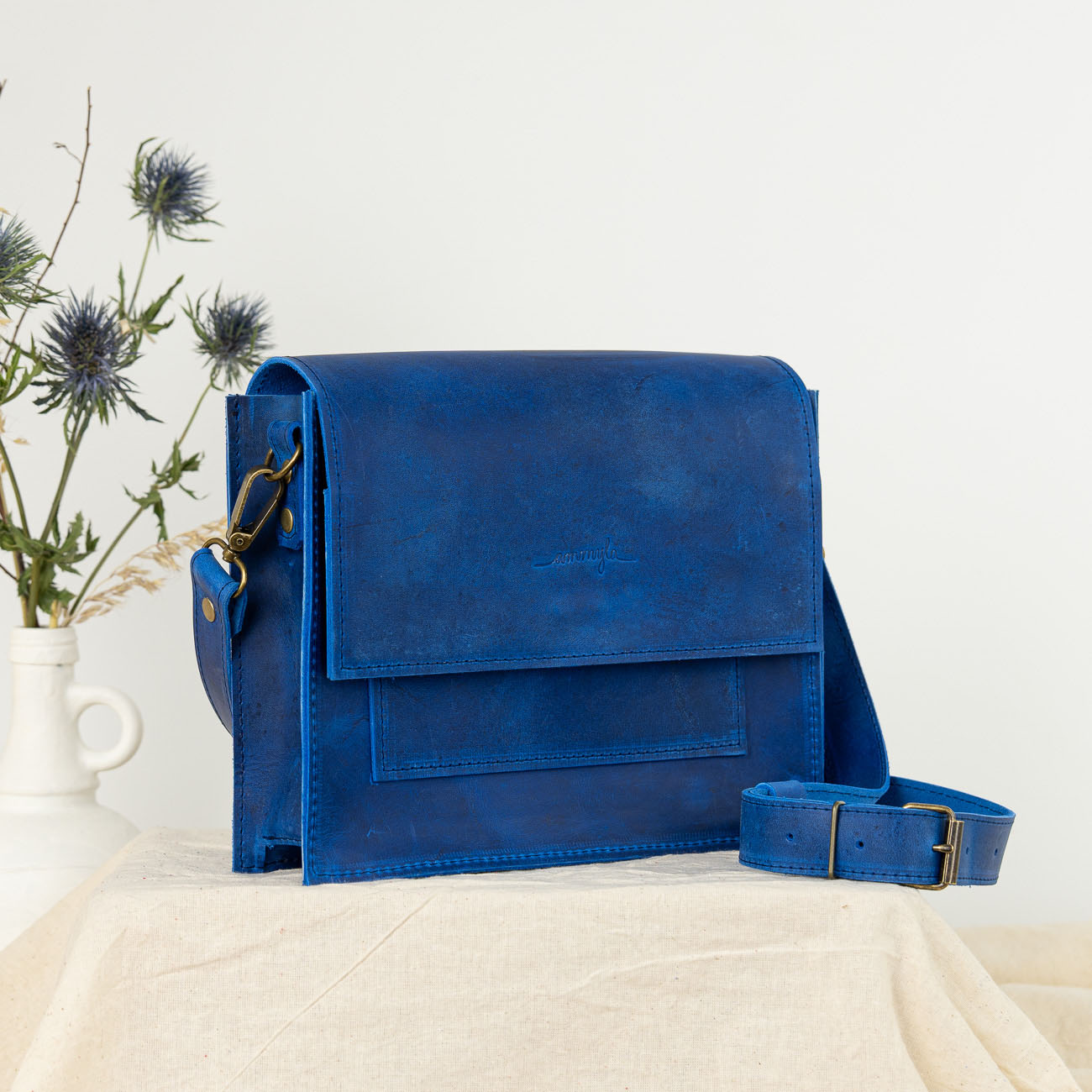 Kožená kabelka Zara Raw (crazy modrá)